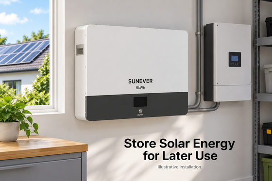 Batería de almacenamiento de energía solar SUNEVER 5kWh montada en pared LiFePO4	 51.2V 100Ah para sistema de almacenamiento de batería solar