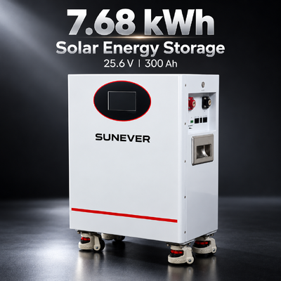 SUNEVER 7.68kWh 25.6V 300Ah LiFePO4 Batería solar de litio para almacenamiento de energía doméstica y energía de respaldo fuera de la red